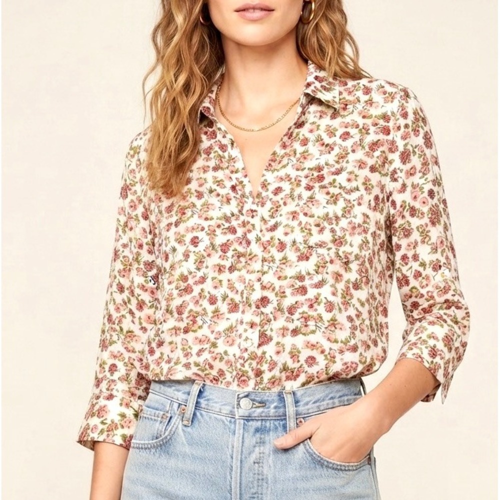 L'AGENCE Ryan Size XS Rose Floral Viscose 3/4 Sleeve Button Down Blouse